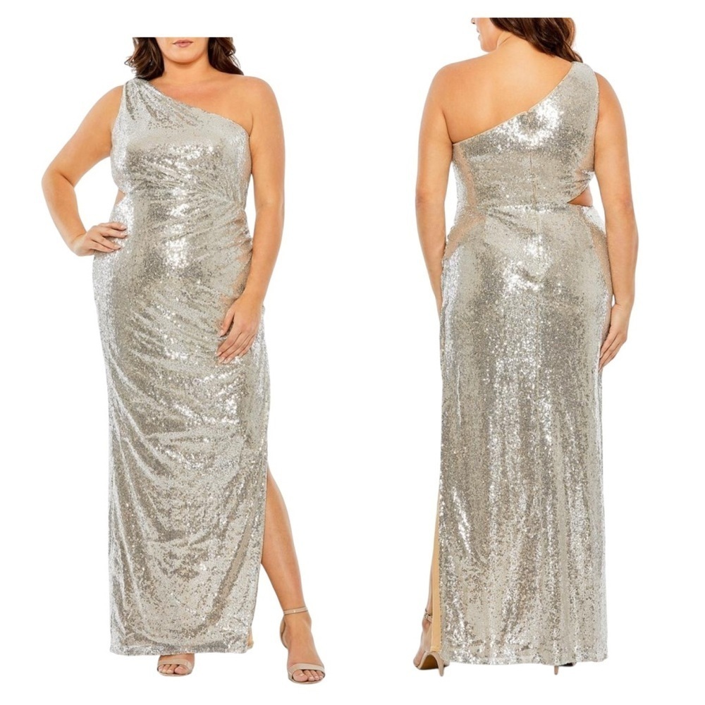 Mac Duggal Silver Sequin One Shoulder Gown Cutout Plus 18W NWT
